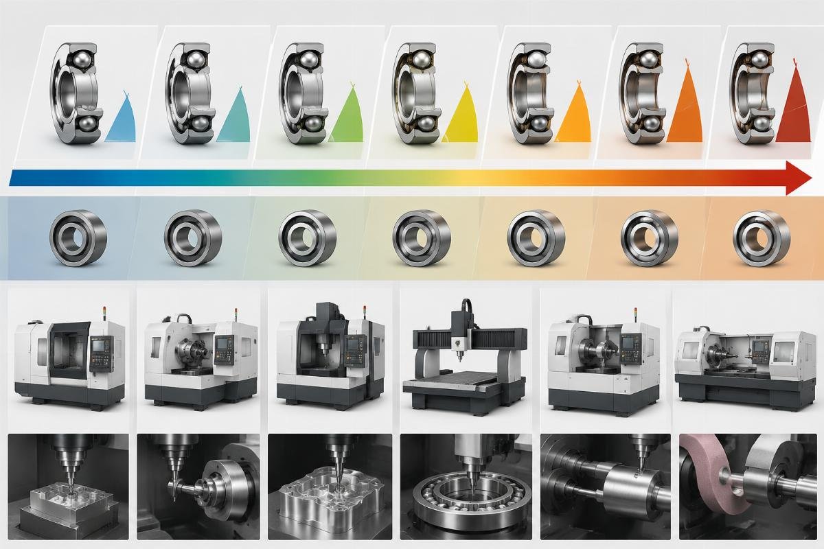 Chart mapping angular contact bearing contact angle and precision grade to corresponding CNC machine use cases