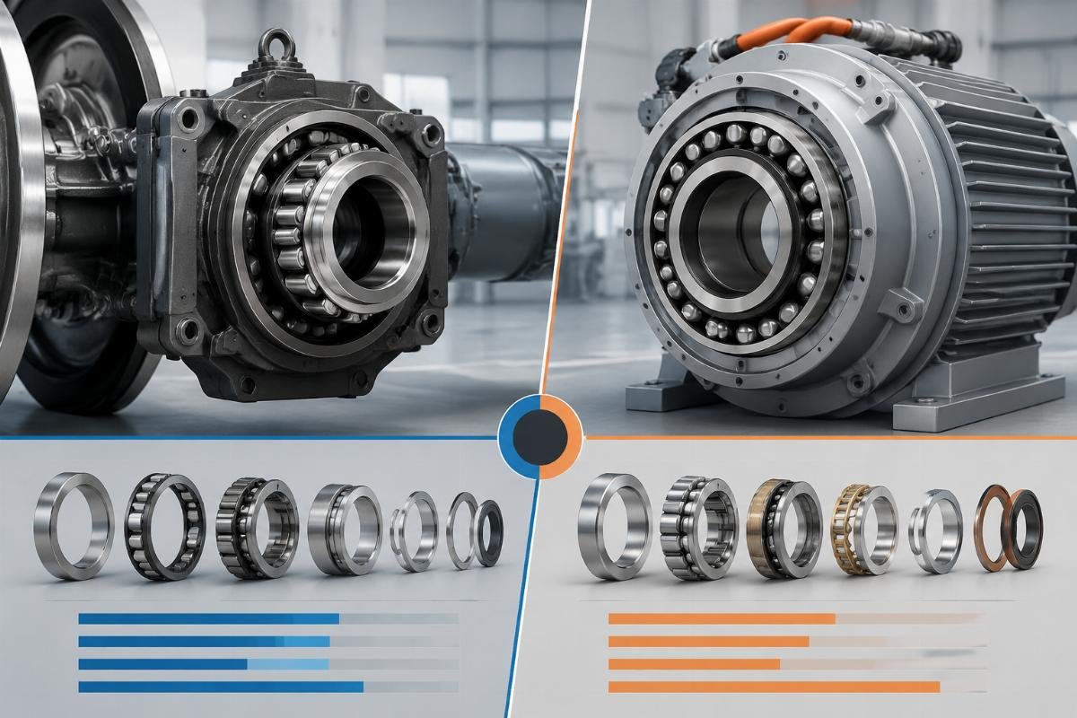 Side-by-side comparison of axle box and traction motor bearing components