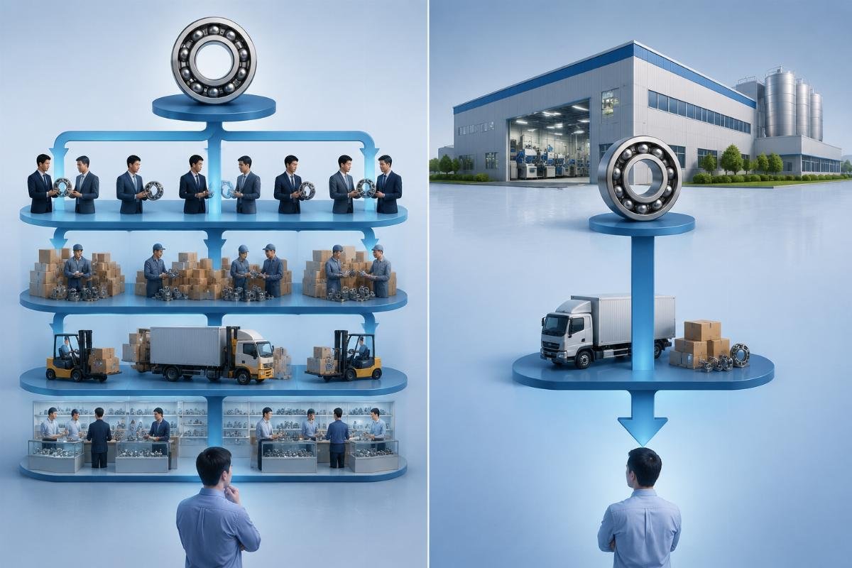 Side-by-side comparison of bearing procurement cost breakdowns with and without middlemen layers