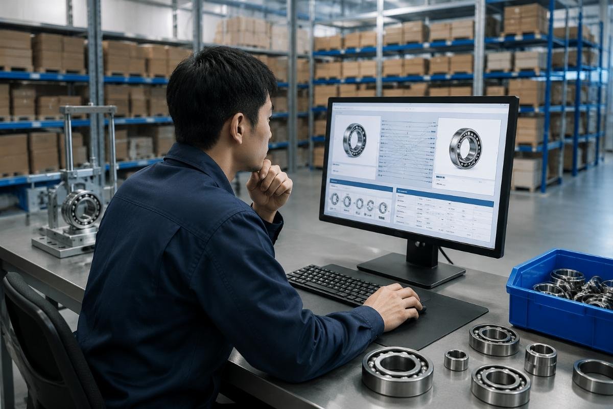 A technical team member looking up bearing cross-reference data on a warehouse system