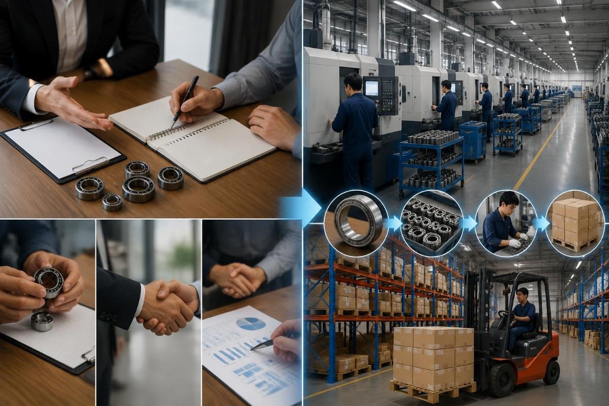 A side-by-side comparison showing a buyer's negotiation notes mapped to a Chinese bearing supplier's production and inventory workflow