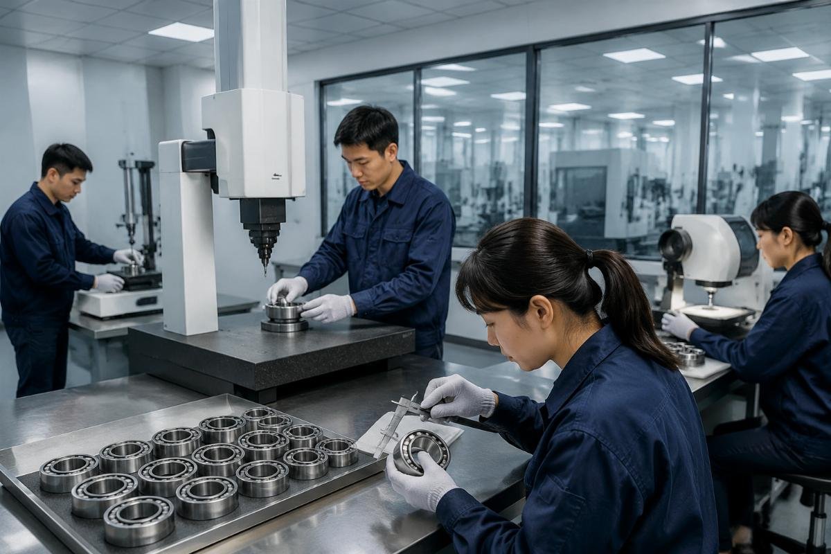 A supplier quality control team running precision tests on a batch of finished bearings