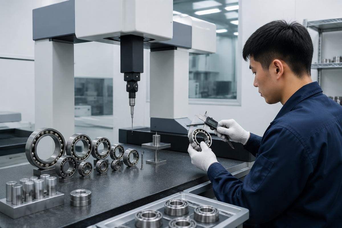 Bearing dimensional inspection process showing precision measurement equipment