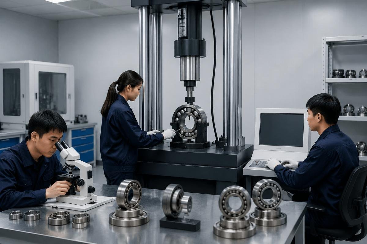 A quality control team testing bearing load capacity in a lab setting