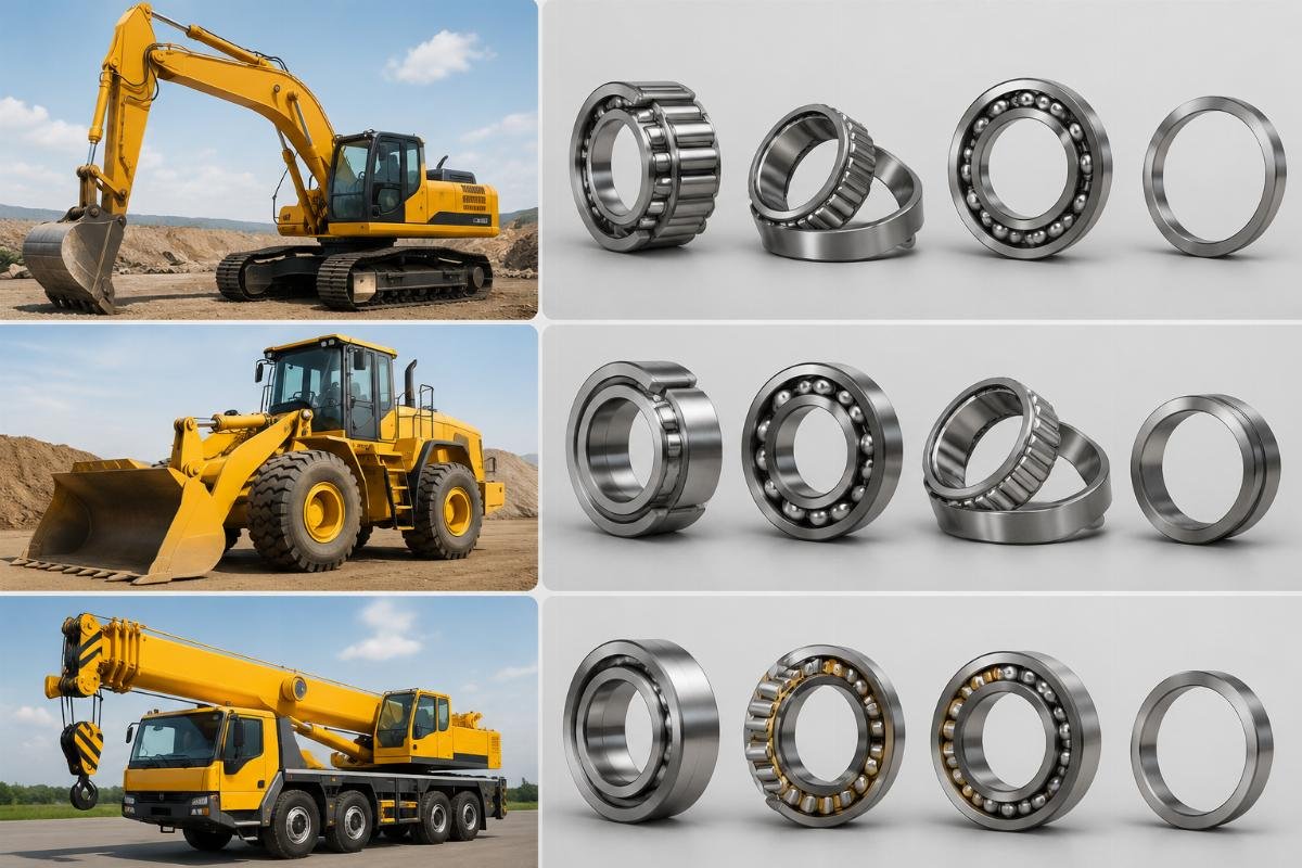 Three common construction machinery types paired with matching bearing components