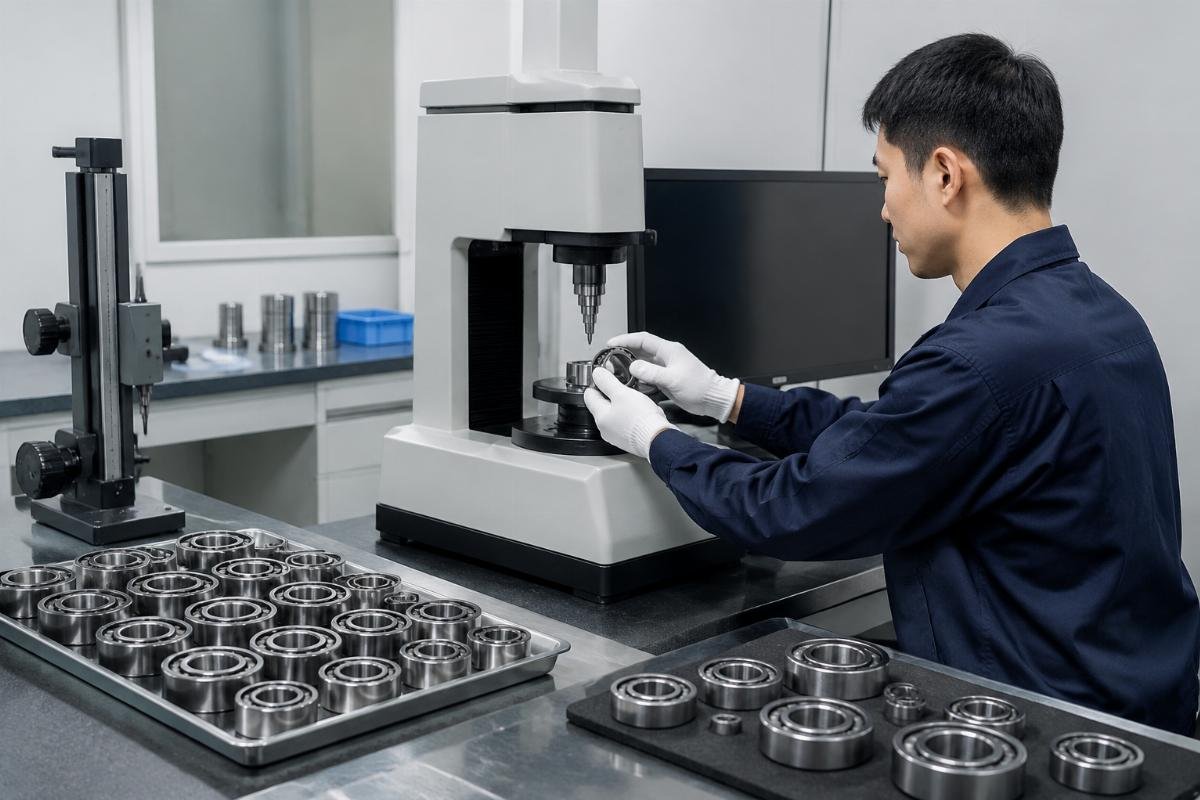 Conveyor bearing quality testing process Tested conveyor bearing samples for batch quality validation