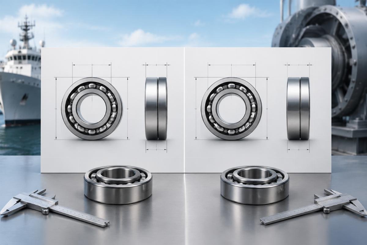 A side-by-side dimension comparison of two equivalent bearing models from different brands