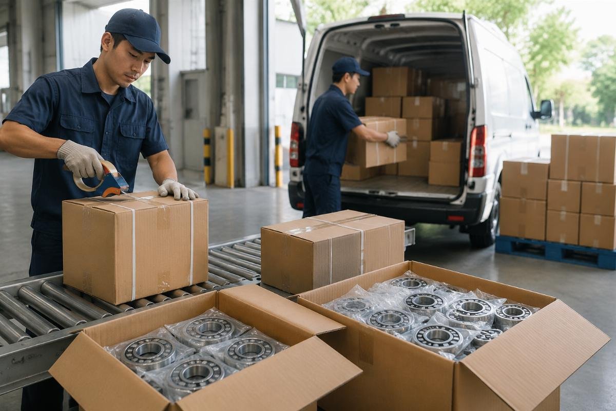 Express delivery parcels labeled with bearing product codes ready for dispatch