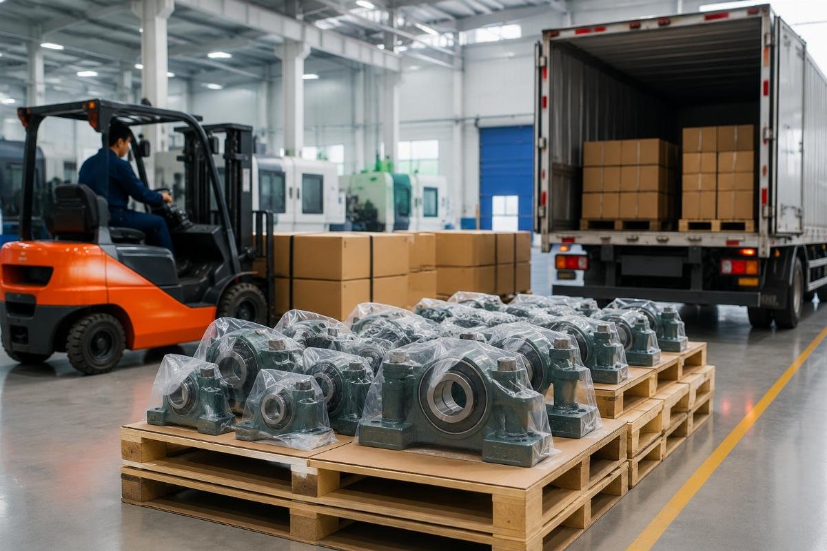 A shipment of labeled marine bearing units ready for express dispatch