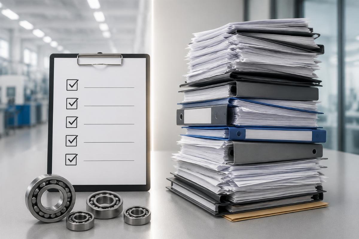Free bearing sample qualification guide A simplified sample request form checklist next to a stack of overcomplicated corporate verification documents