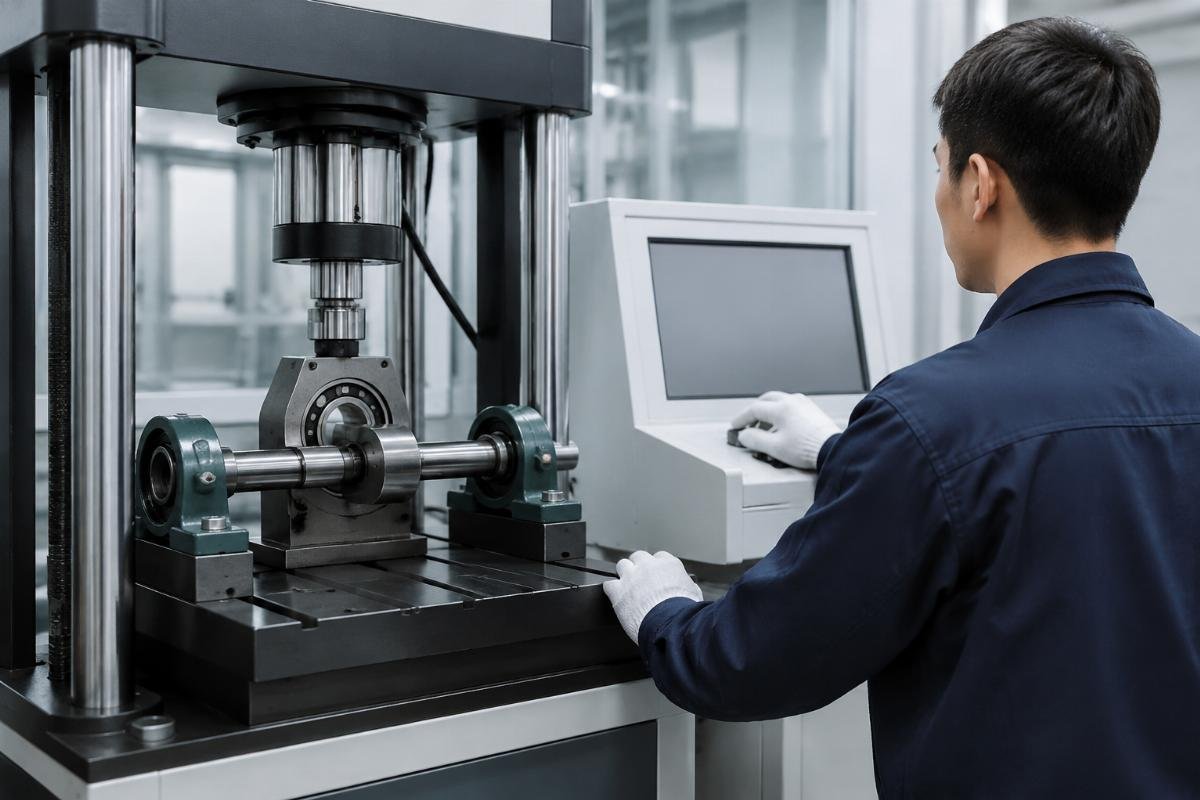 Free bearing sample testing protocol A technician running load testing on a set of trial bearing units inside a factory test rig