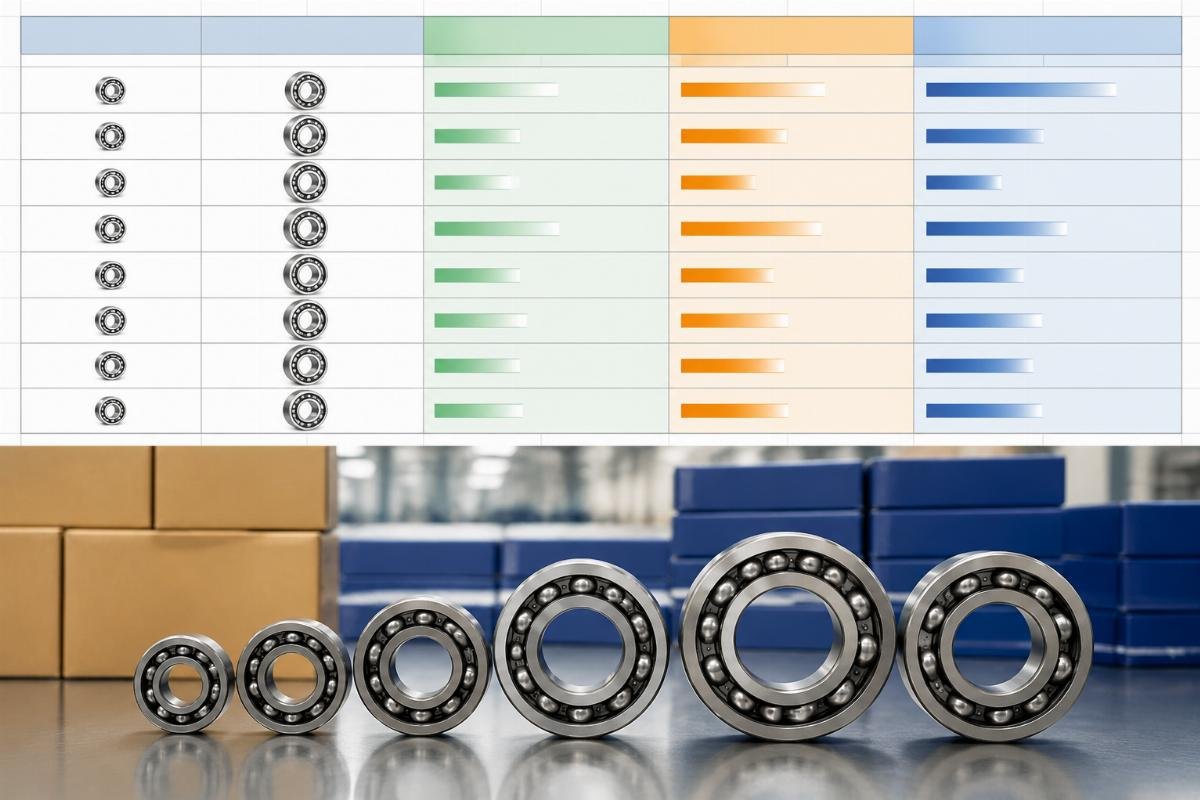 A spreadsheet snippet showing price differences between in-stock and custom production bearing quotes for identical part numbers