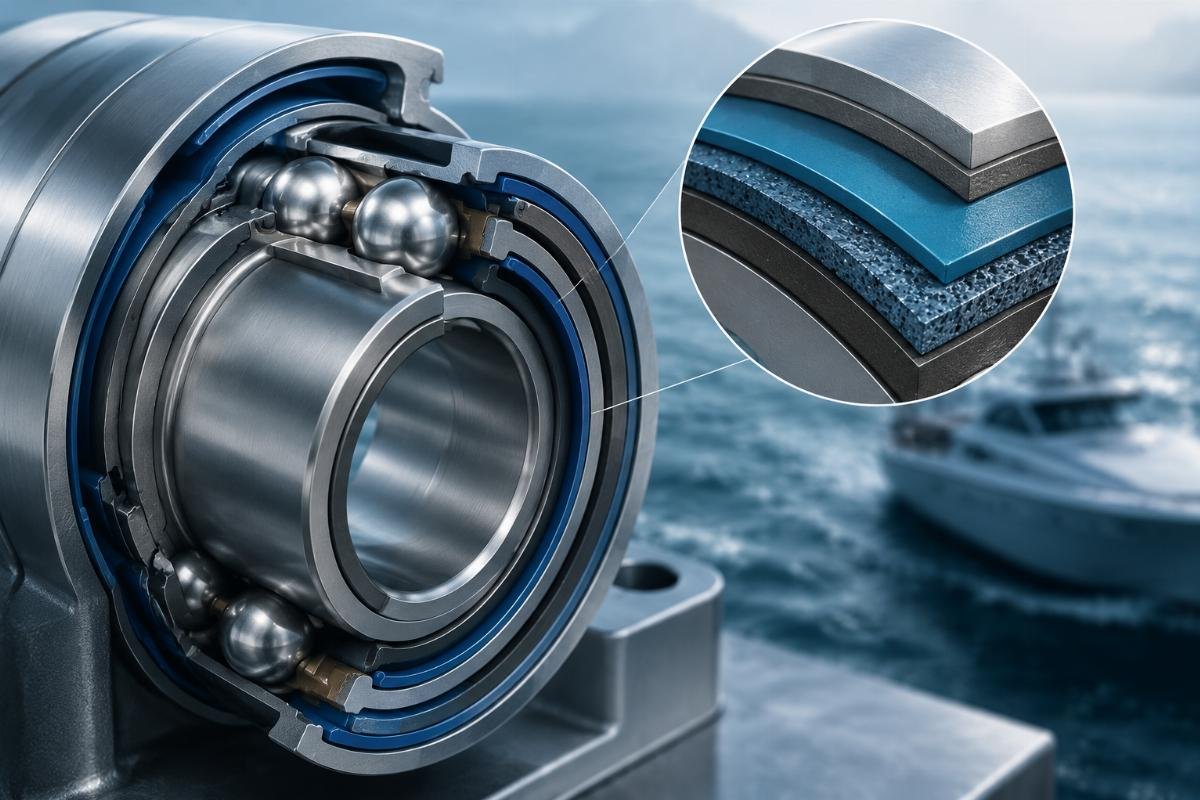 A close-up cross-section of a sealed marine bearing showing layered anti-corrosion treatment