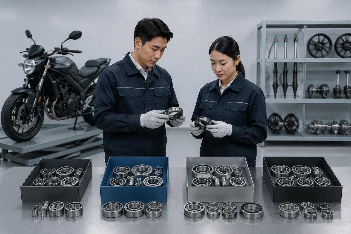 Comparison of motorcycle wheel, steering and transmission bearing sets from different suppliers