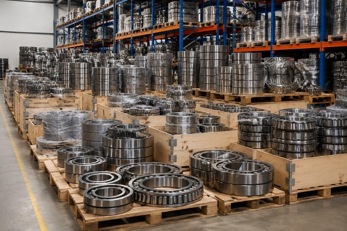 A stack of pre-stocked railway bearing SKUs in a supplier warehouse
