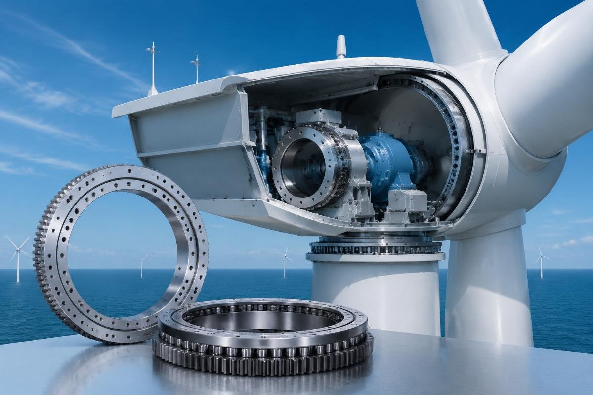 Wind turbine yaw and pitch slewing bearing mounted on turbine nacelle