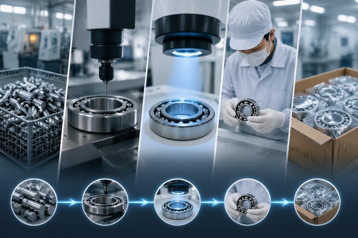 Sequential inspection stages from raw material to finished product 5-Stage Bearing Quality Control Process
