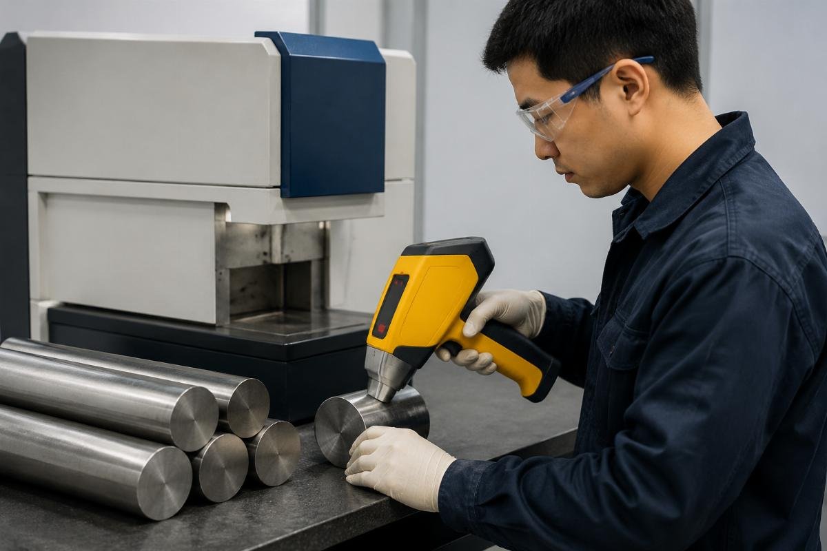 Spectroscopy analysis verifying steel composition before manufacturing Raw Steel Inspection Process