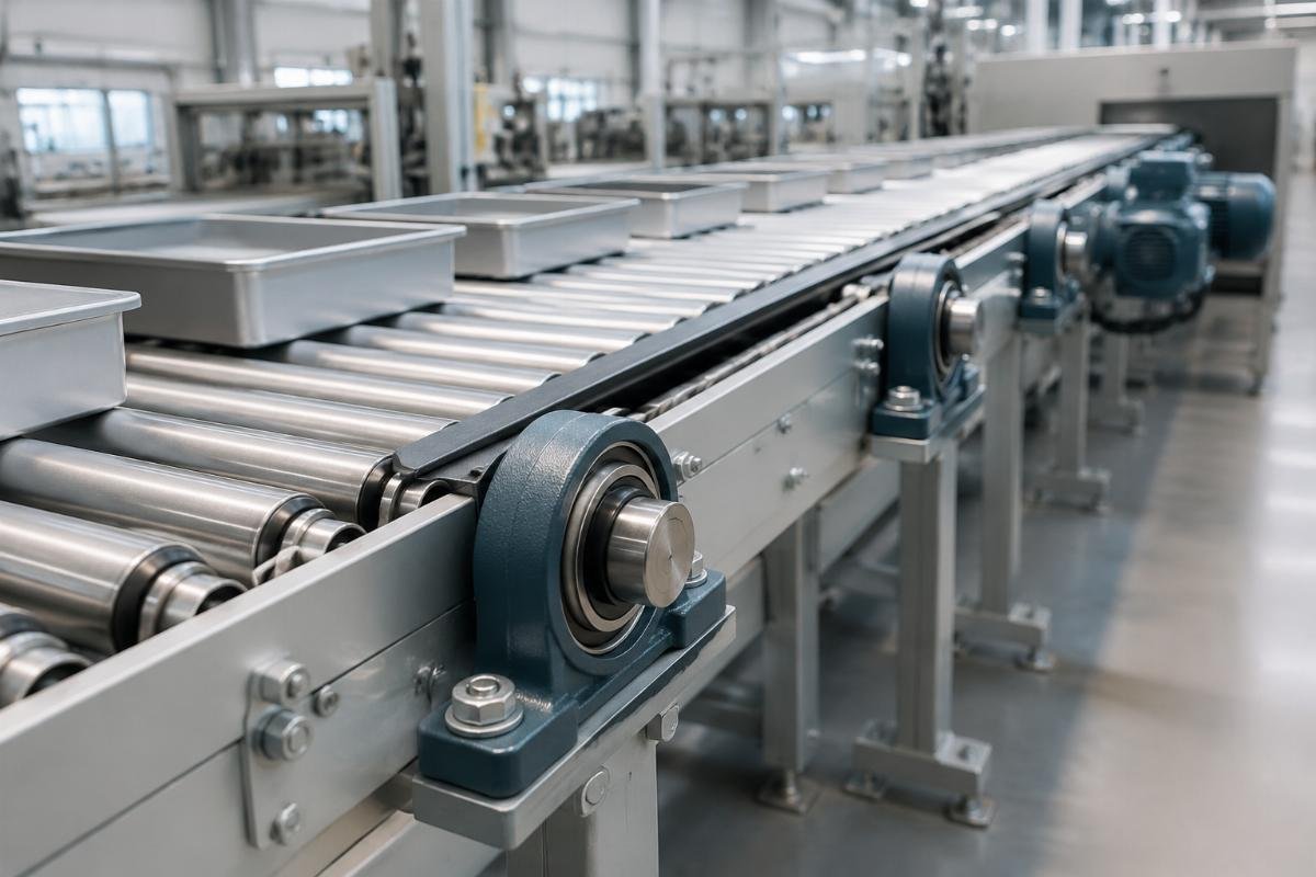 Standard conveyor bearing installation example Installed standard ball and roller bearings on an operational conveyor line
